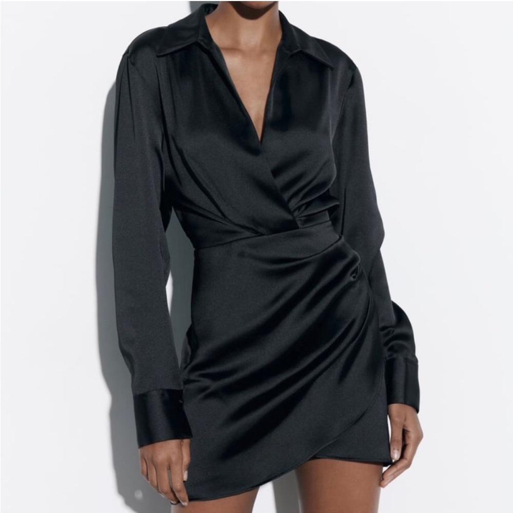 ZARA satin effect long sleeve black dress